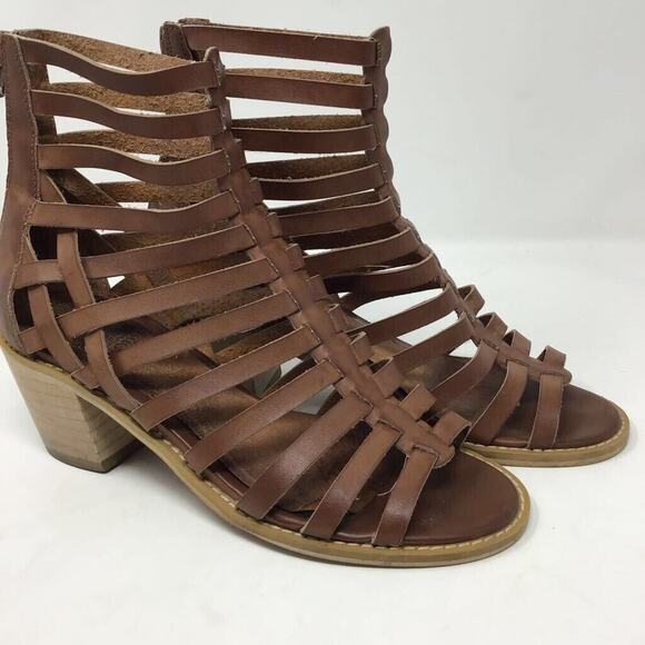 Crown Vintage Sandals Womens 8.5 Gladiator Leather Brown Stacked Heels Zipper - Picture 1 of 6